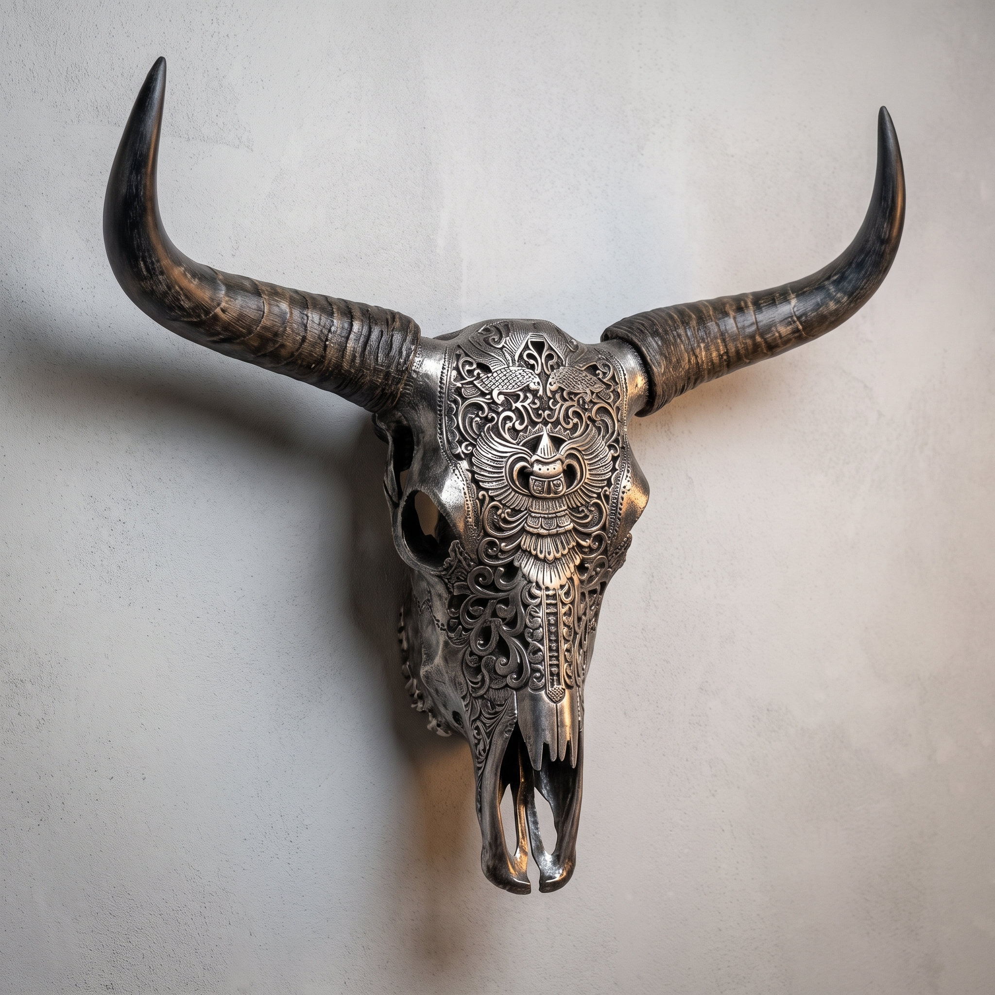 Carved cow skull longhorn wall decor sculpture
