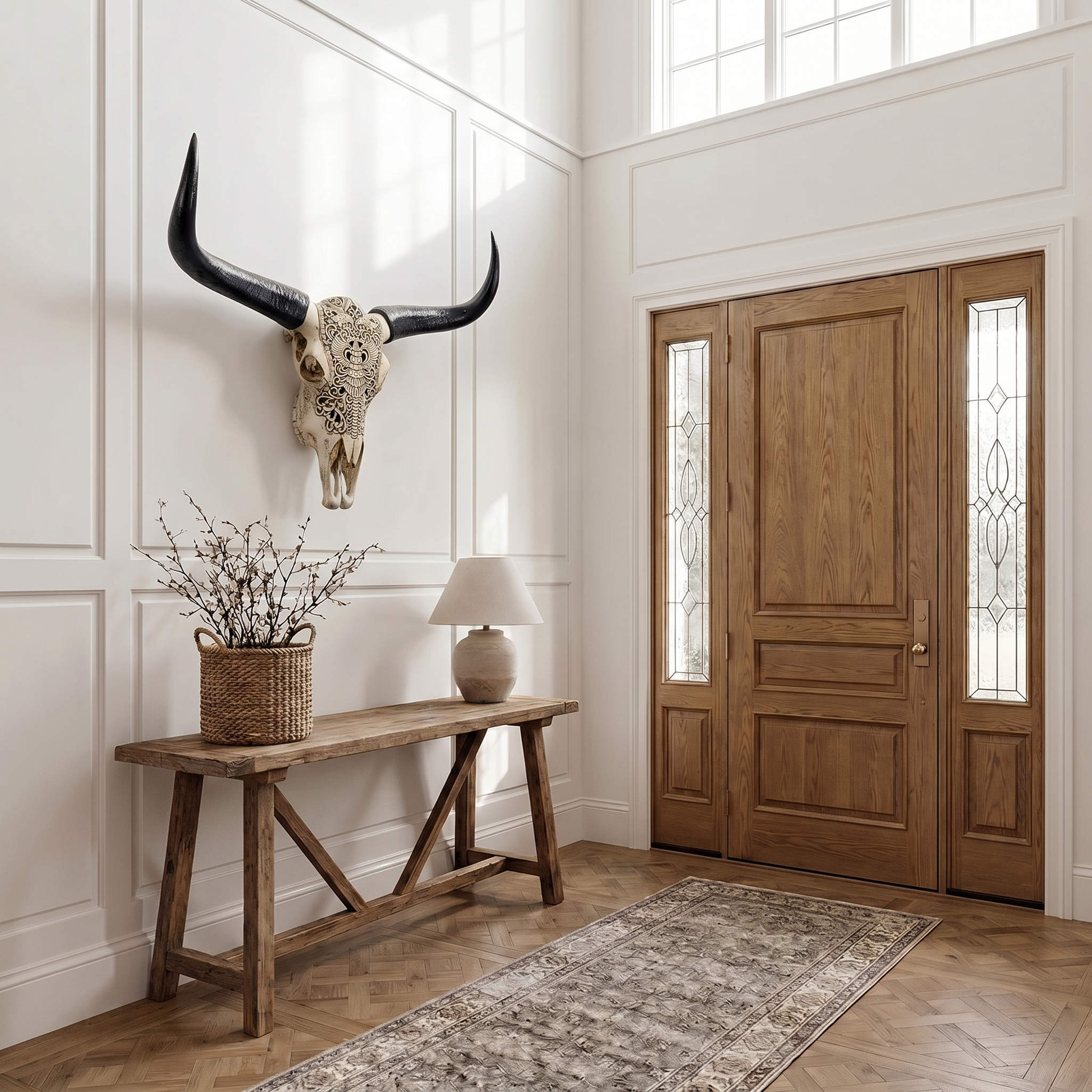Carved cow skull longhorn wall decor sculpture