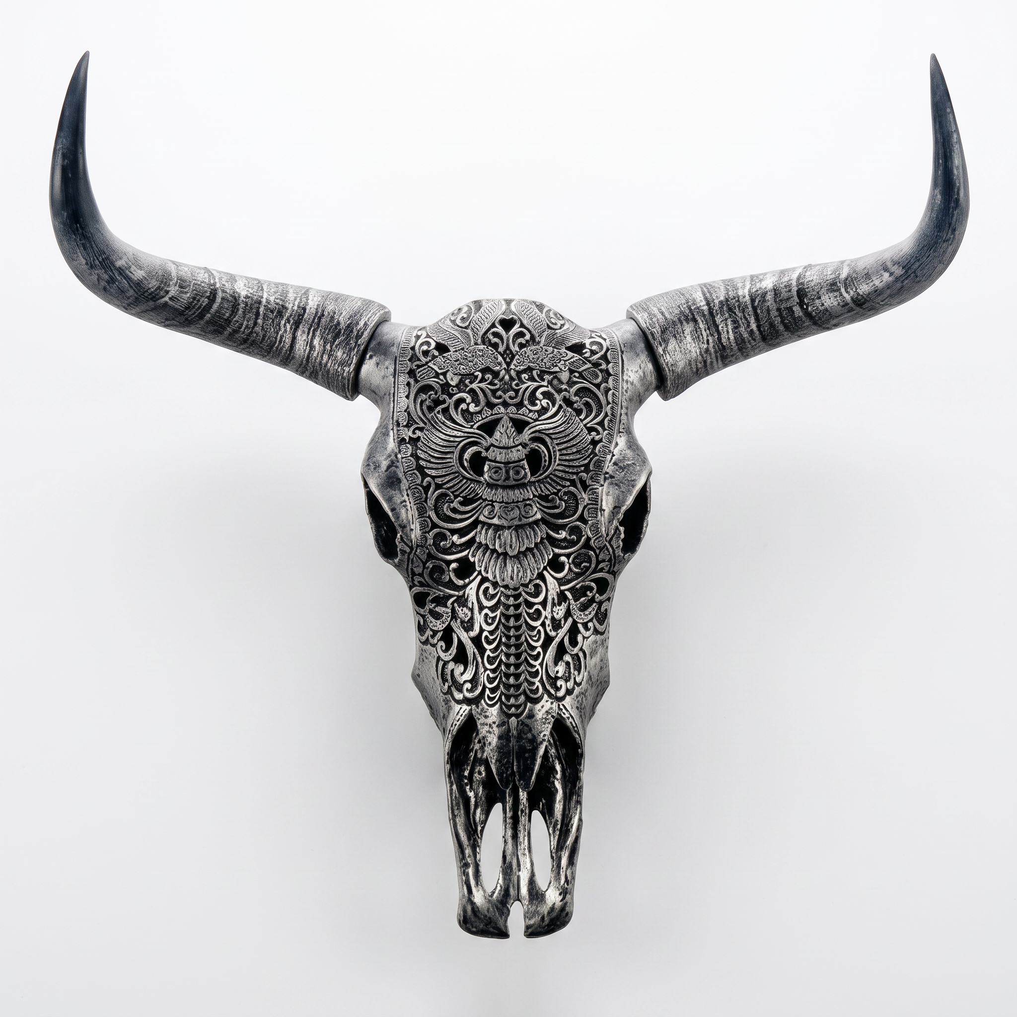 Carved cow skull longhorn wall decor sculpture