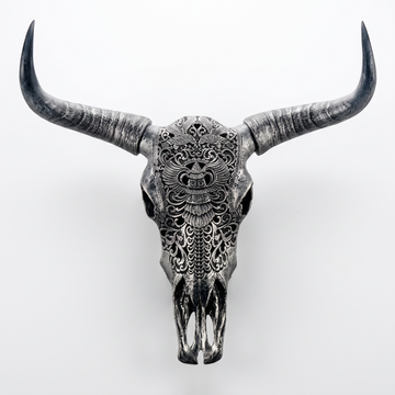 Carved cow skull longhorn wall decor sculpture