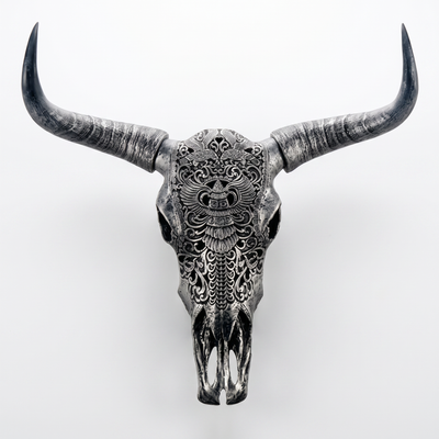 Carved cow skull longhorn wall decor sculpture