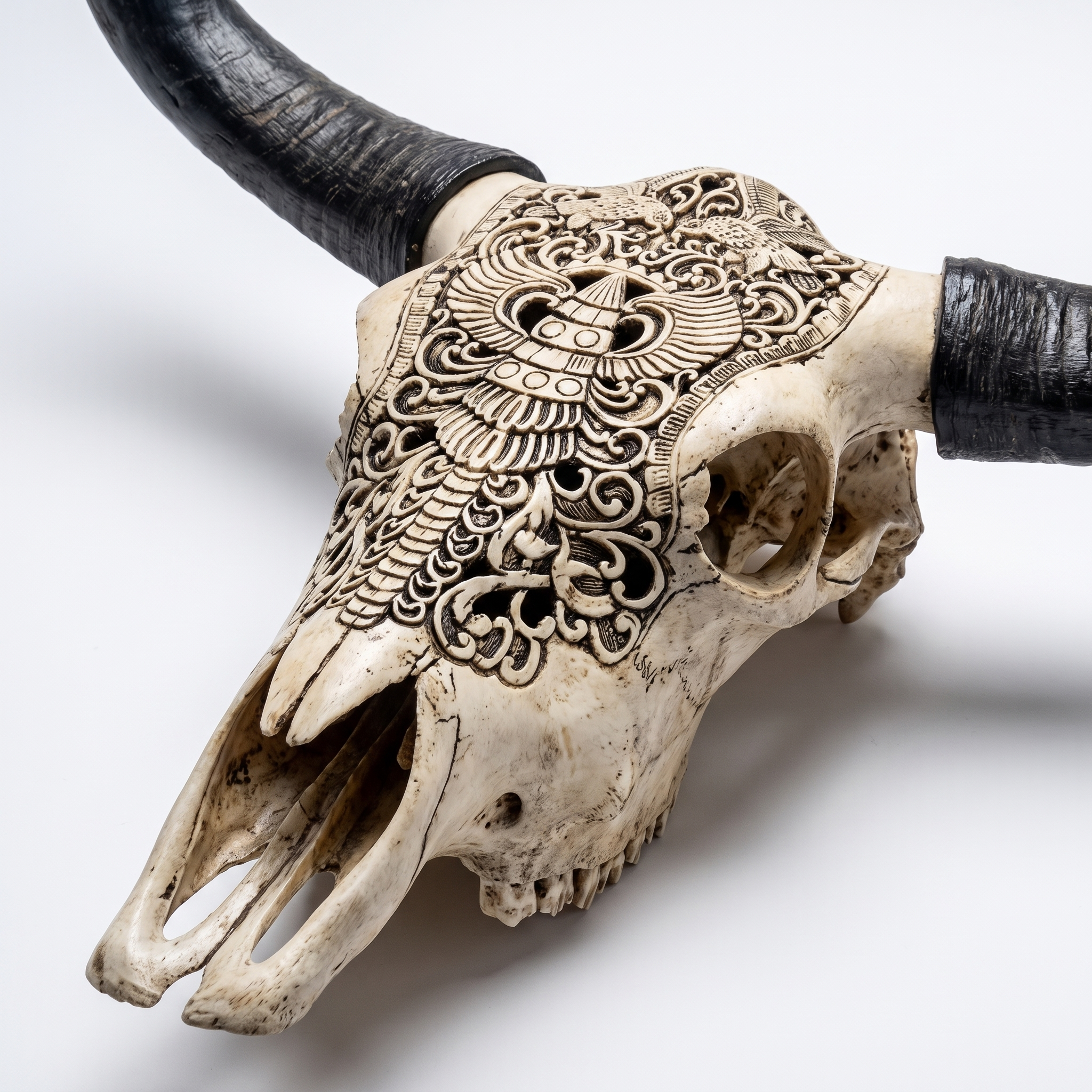 Carved cow skull longhorn wall decor sculpture