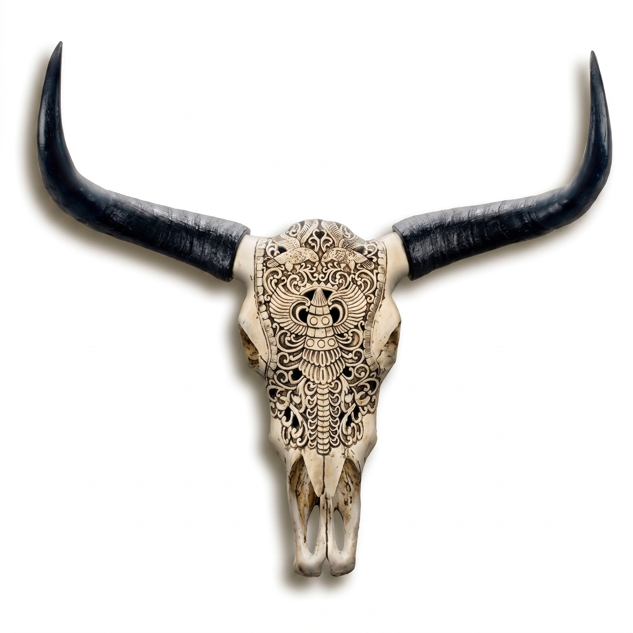 Carved cow skull longhorn wall decor sculpture