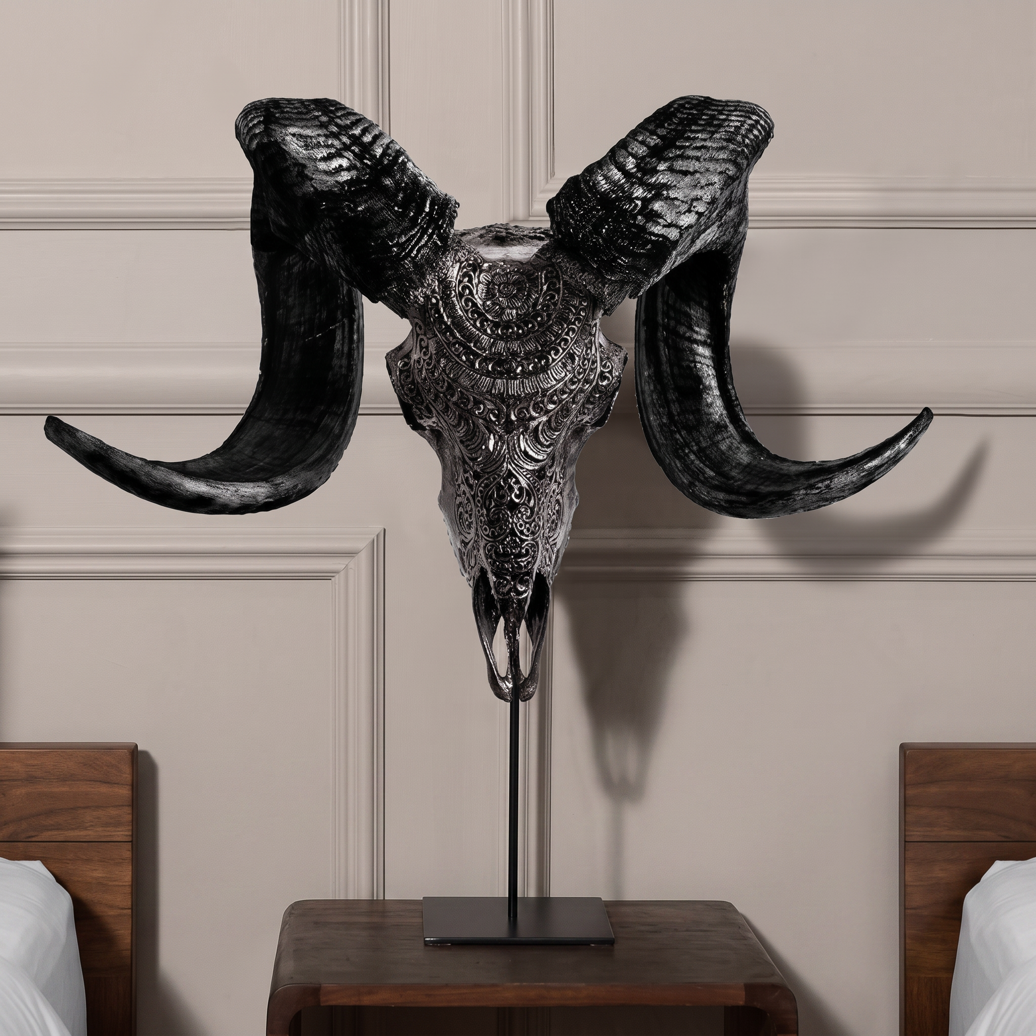 Carved Ram Skull Sculpture with Unique Horns