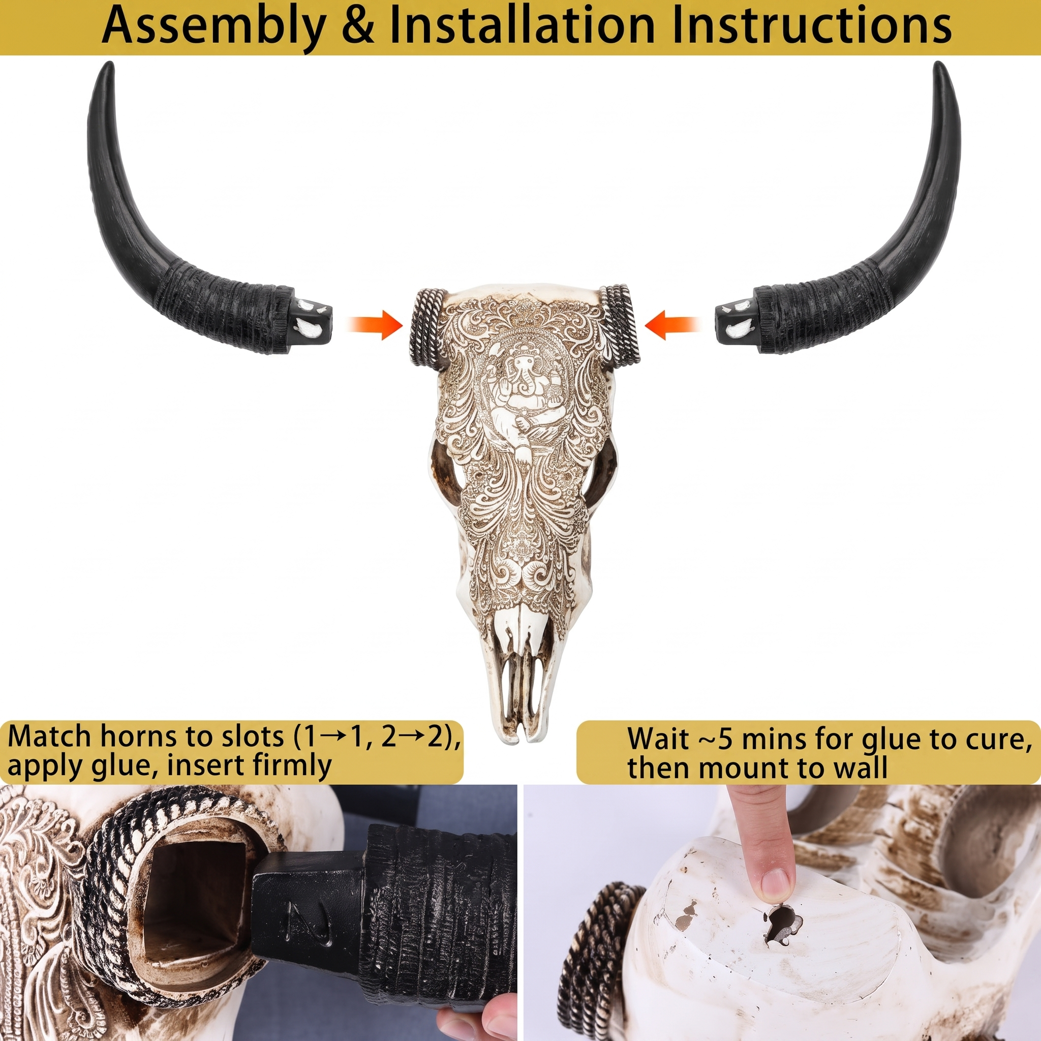 Cow Skull Wall Sculpture with Ganesha Relief in White Resin