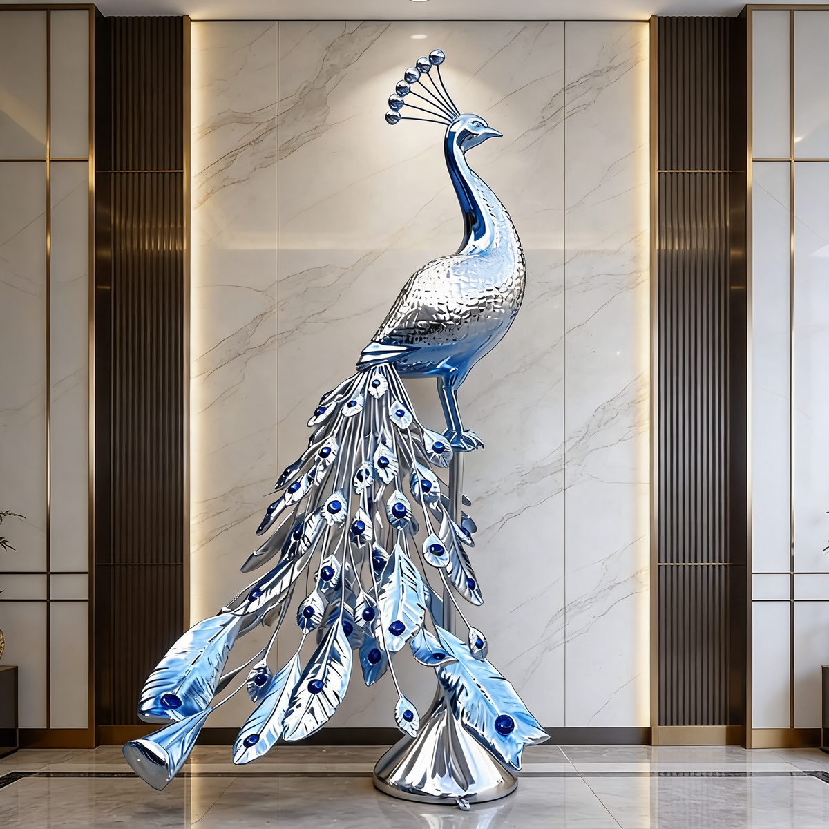 Mirror Effect Fiberglass Peacock Sculpture in Reflective Silver