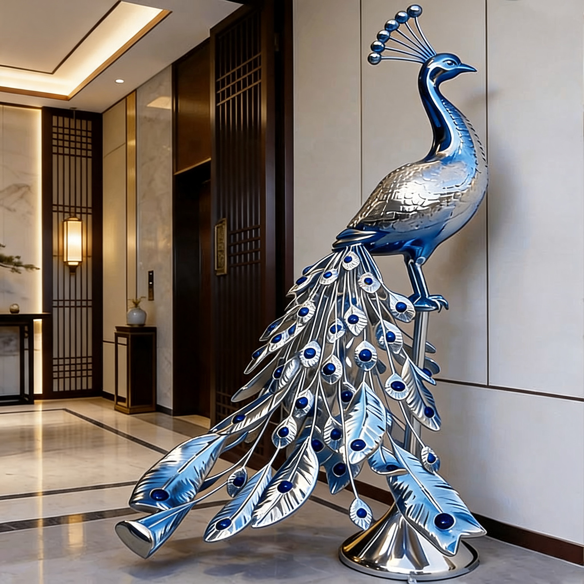 Mirror Effect Fiberglass Peacock Sculpture in Reflective Silver