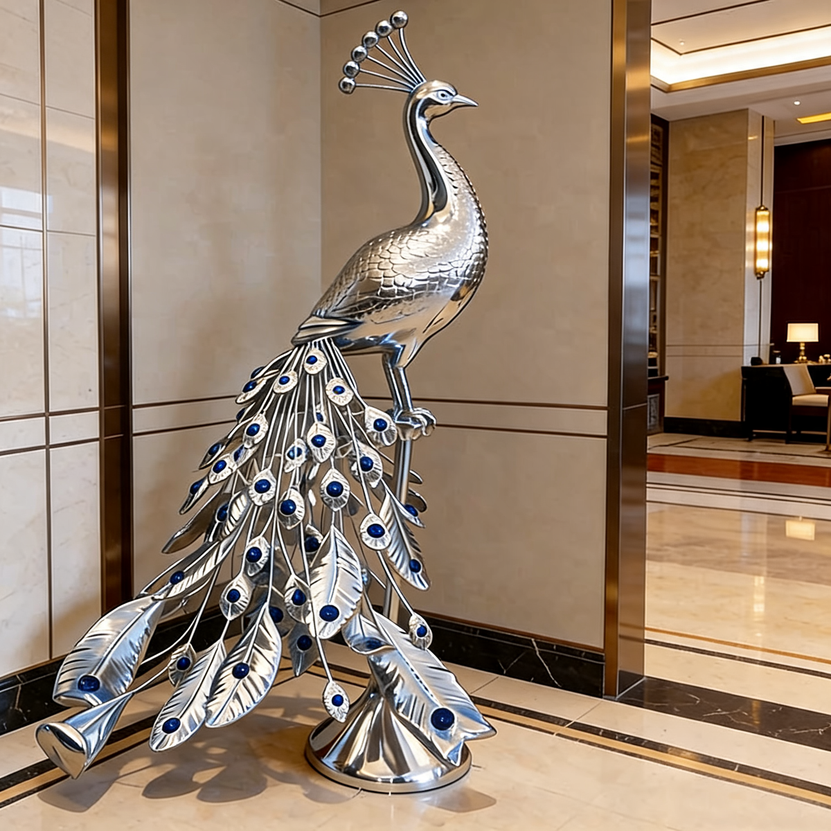 Mirror Effect Fiberglass Peacock Sculpture in Reflective Silver