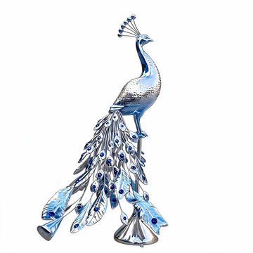 Mirror Effect Fiberglass Peacock Sculpture in Reflective Silver