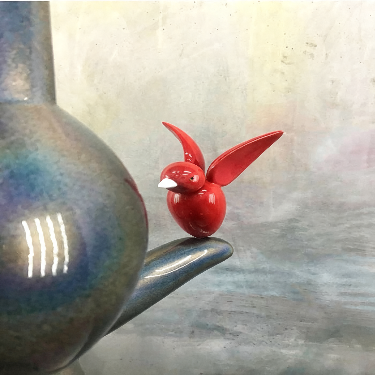 Animal Sculpture Standing Cartoon Cat with Bird Figure