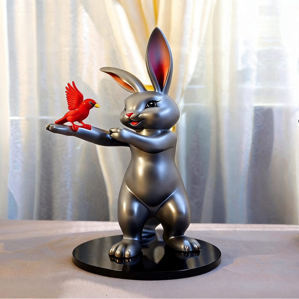 Animal Sculpture Standing Cartoon Cat with Bird Figure