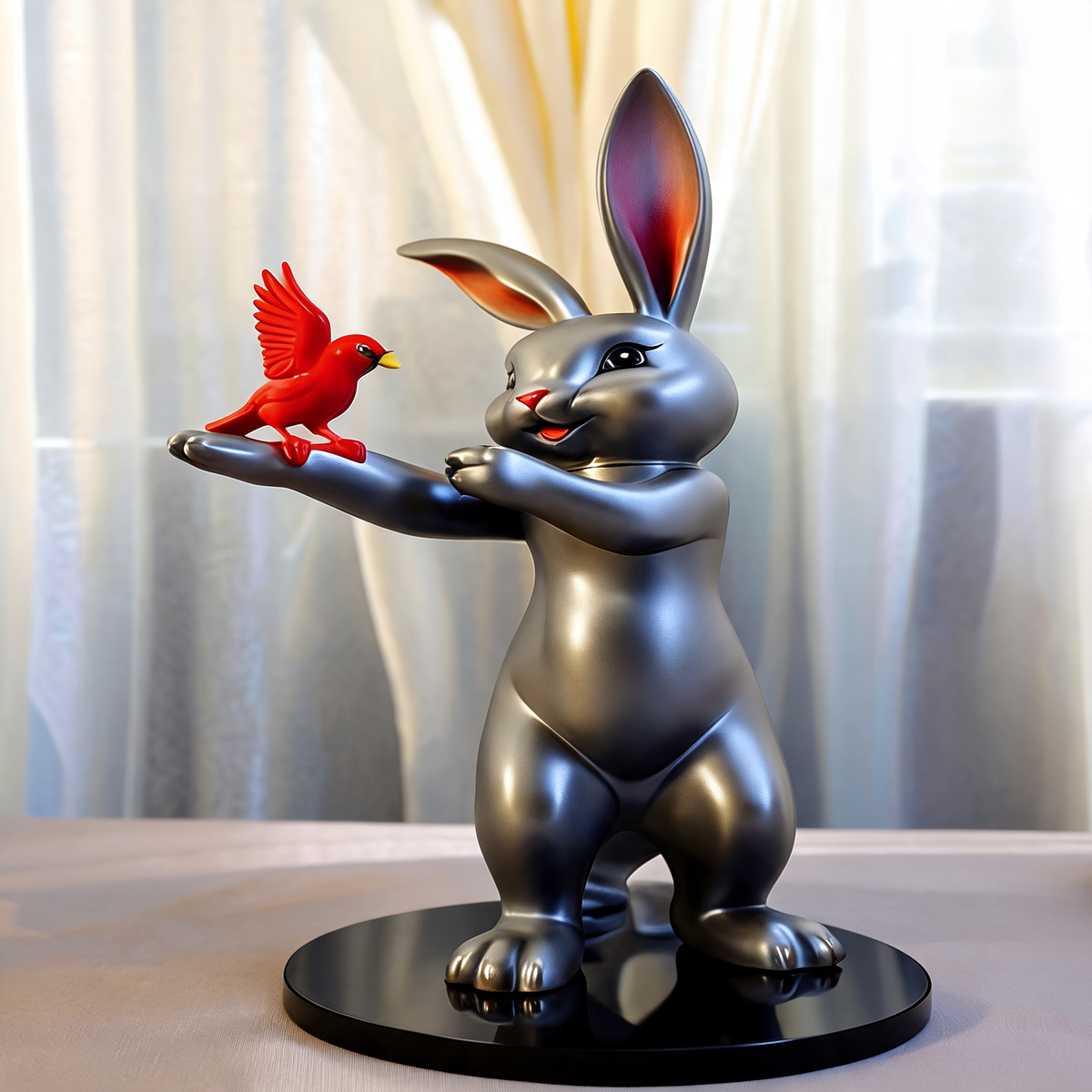 Animal Sculpture Standing Cartoon Cat with Bird Figure