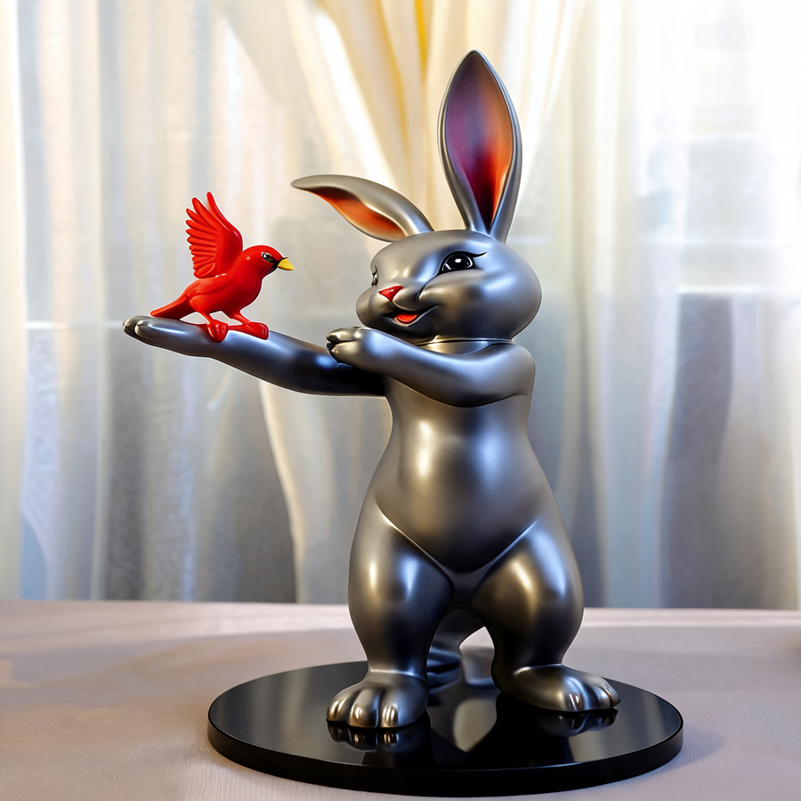 Animal Sculpture Standing Cartoon Cat with Bird Figure