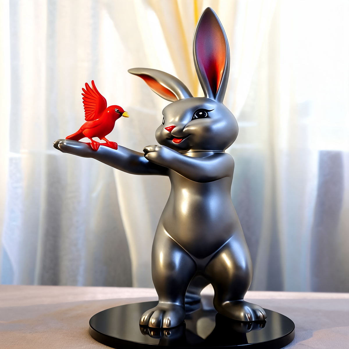 Animal Sculpture Standing Cartoon Cat with Bird Figure