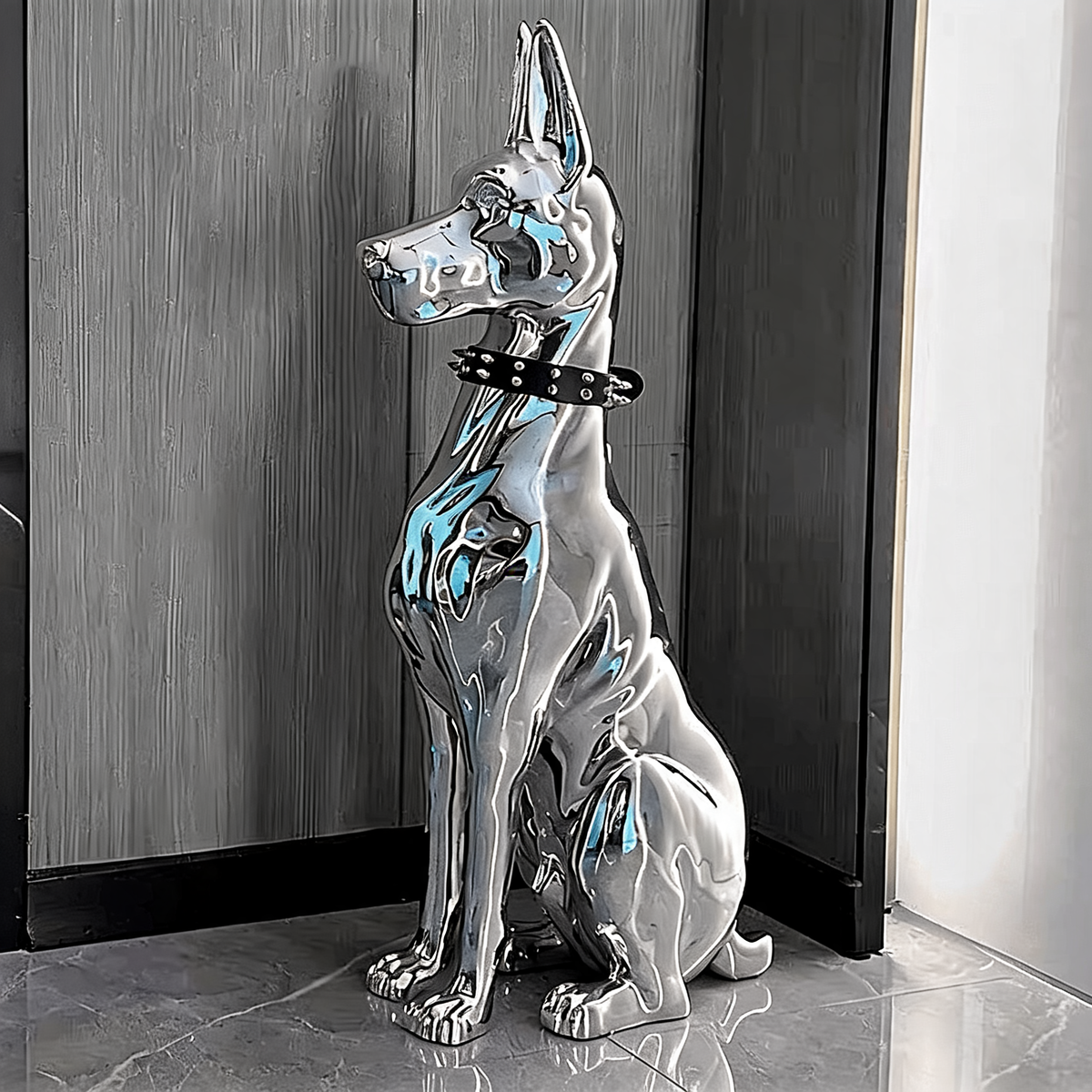 Life Size Mirror Polished Stainless Steel Doberman Sculpture Dog