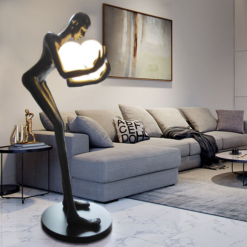 Indoor Resin Black Sculpture Man Sculptural Floor Lamp
