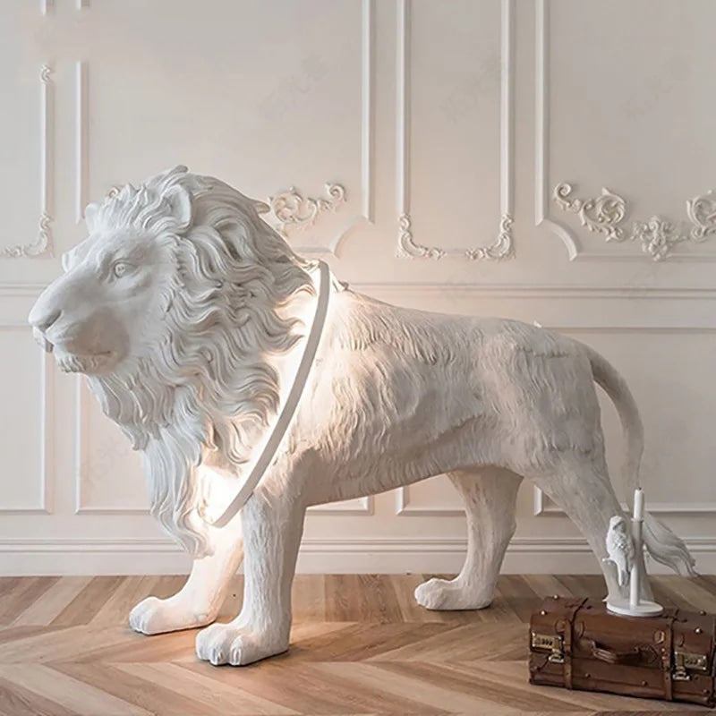 Lion Sculptural Floor Lamp in White Fiberglass