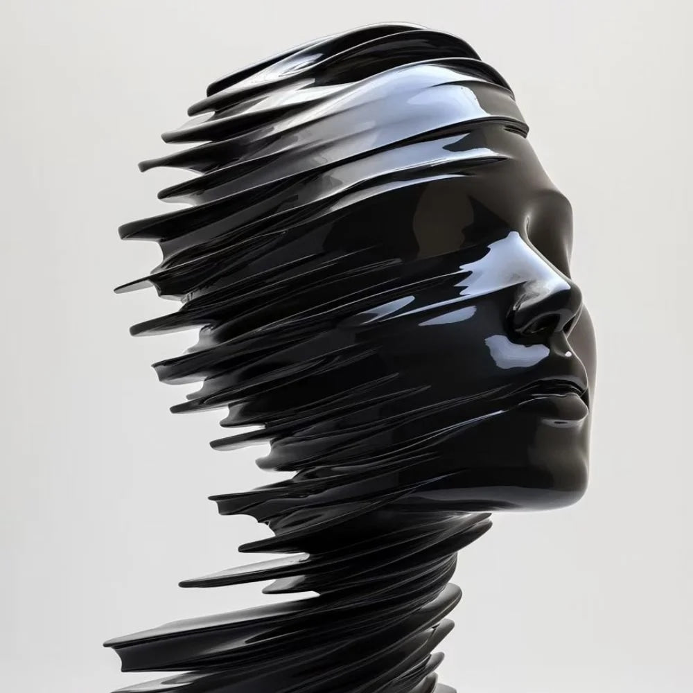Modern Abstract Black Face Fiberglass Twisted Ribbon Bust Sculpture-Decorative Sculpture-OVERSCALE ART