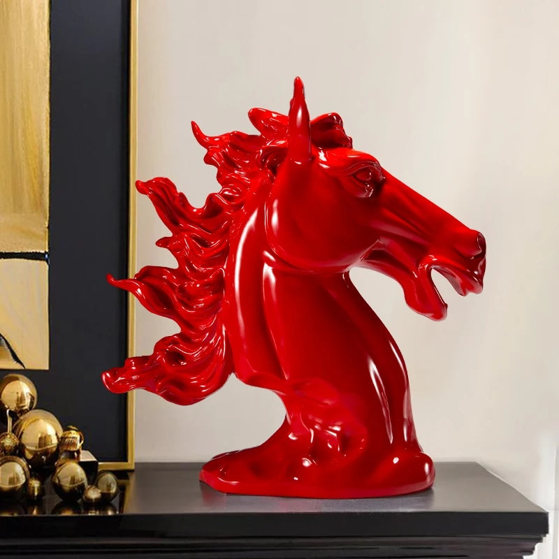Resin Horse Head Sculpture in Red for Decor