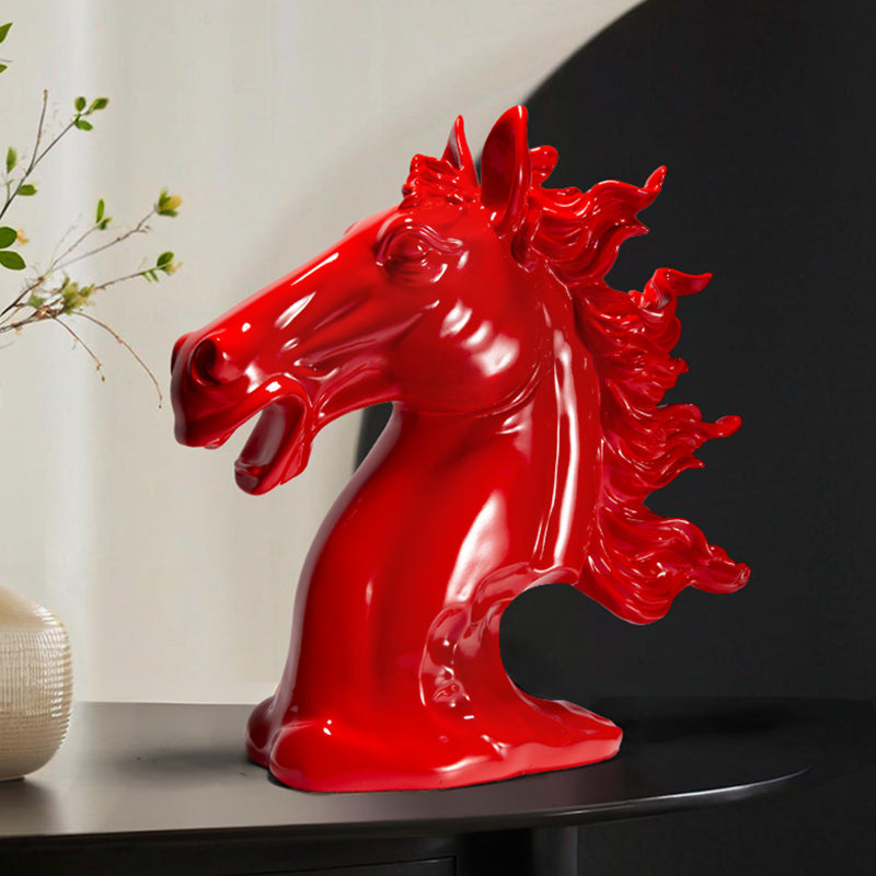 Resin Horse Head Sculpture in Red for Decor