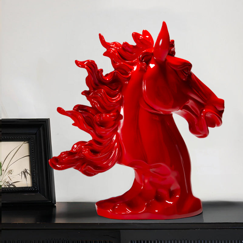 Resin Horse Head Sculpture in Red for Decor