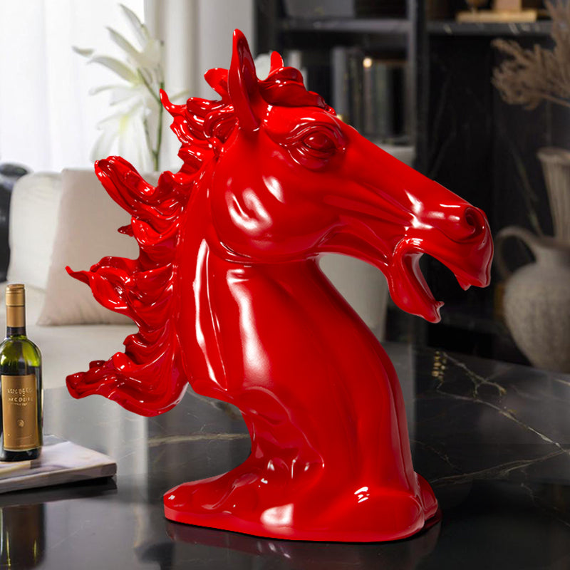Resin Horse Head Sculpture in Red for Decor