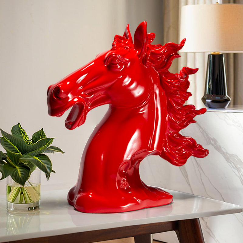 Resin Horse Head Sculpture in Red for Decor