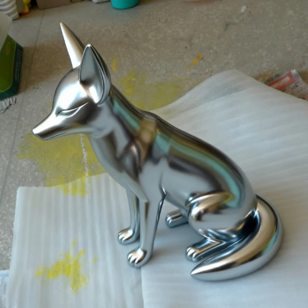 Shiny Silver Fox Fiberglass Animal Sculpture for Commercial Display-OVERSCALE ART