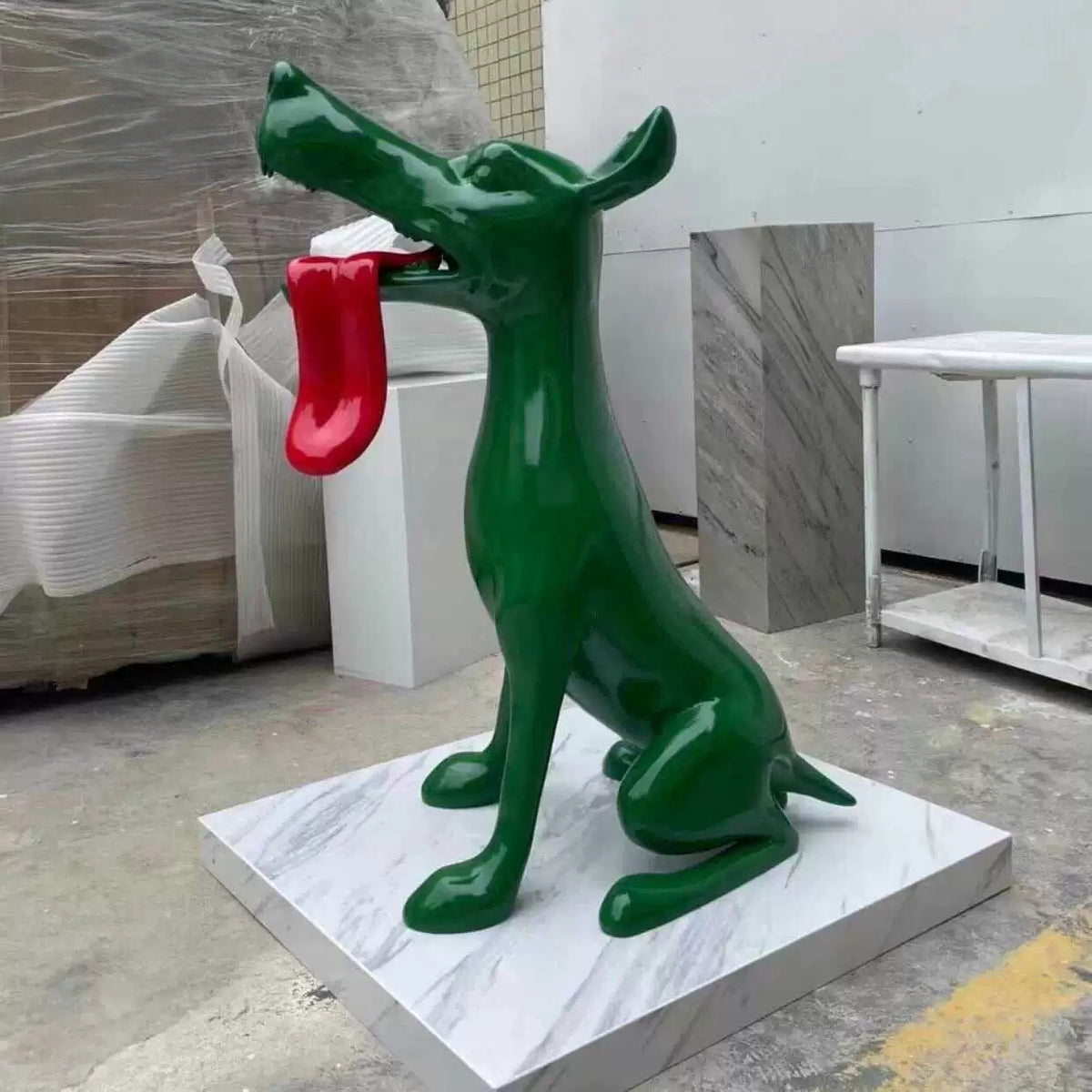 Vibrant Green Fiberglass Dog Statue with Exaggerated Red Tongue-OVERSCALE ART