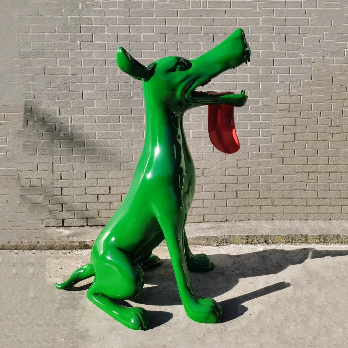 Vibrant Green Fiberglass Dog Statue with Exaggerated Red Tongue-OVERSCALE ART