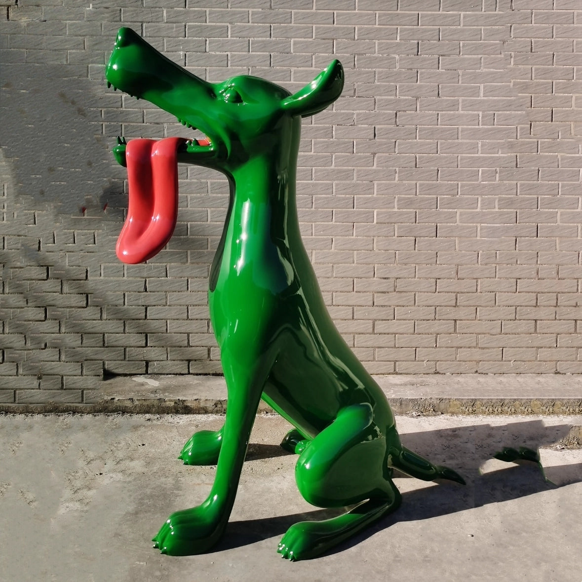 Vibrant Green Fiberglass Dog Statue with Exaggerated Red Tongue-OVERSCALE ART