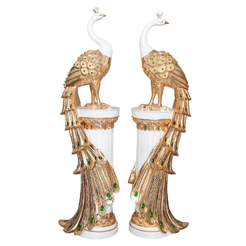 White Metallic Resin Peacock Sculpture for Indoor Decor